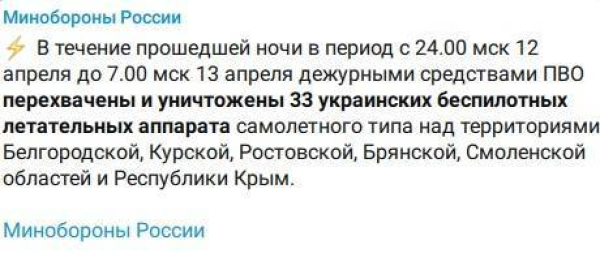 За ночь средства ПВО сбили 33 украинских беспилотника
